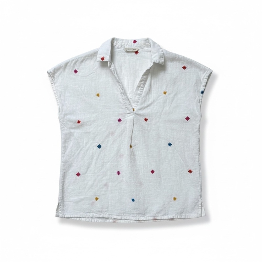 SPRINGFIELD Women's White Embroidered Short‎ Sleeve Collared Shirt Top Size 2